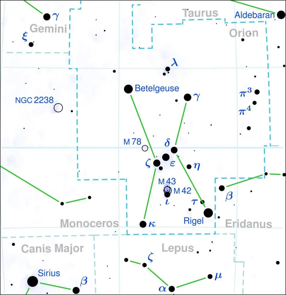 Mapa souhvězdí Orion