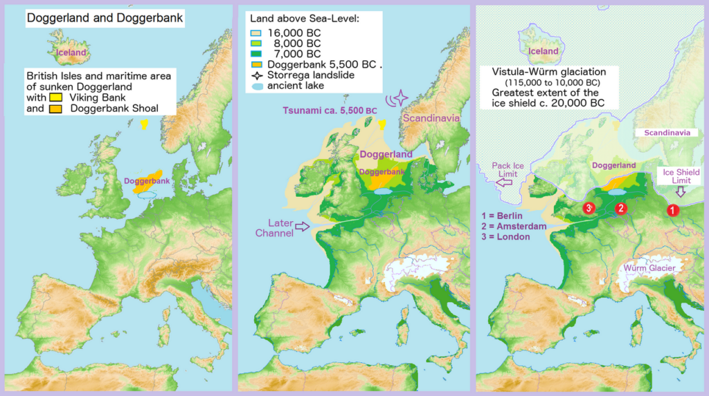 Mapa zachycující hypotetickou rozlohu Doggerlandu v různých obdobích