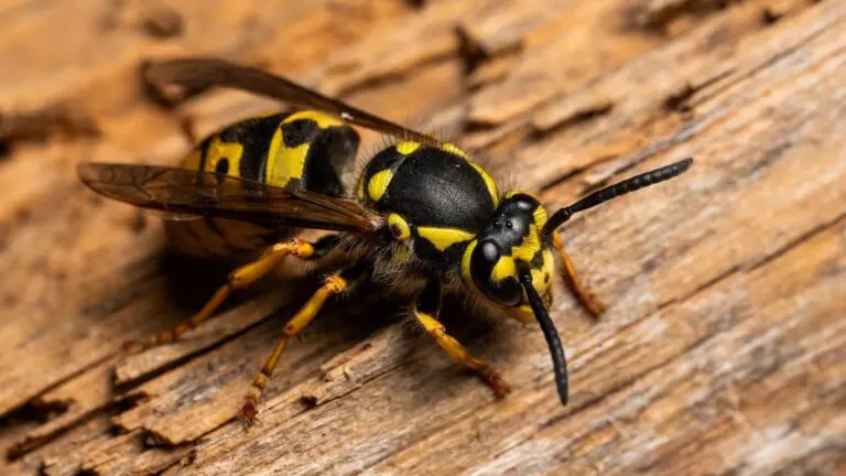Detailed macro image of a European wasp on wood, highlighting texture and colors.