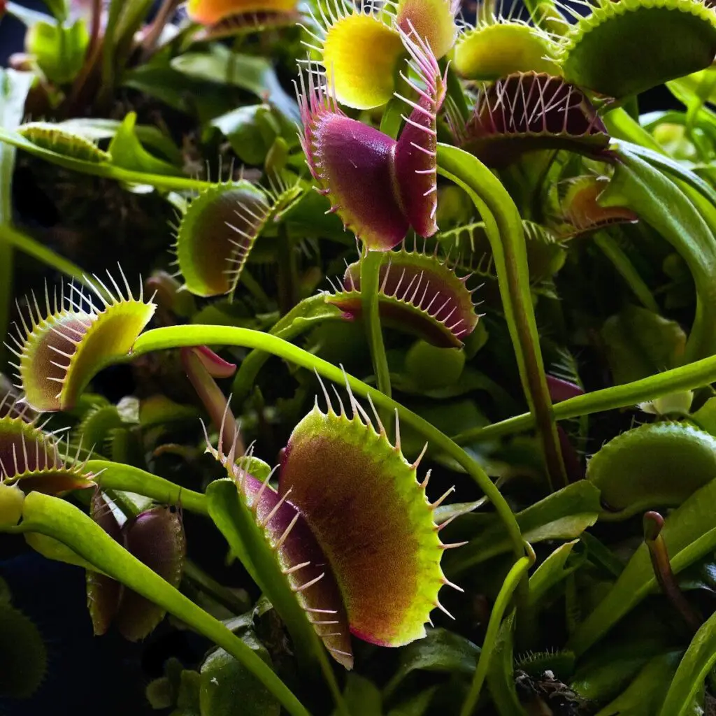 Close-up of venus flytraps with open mouths