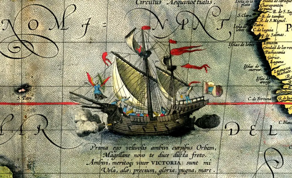 Loď Victoria, detail z mapy Abrahama Ortelia, 1590