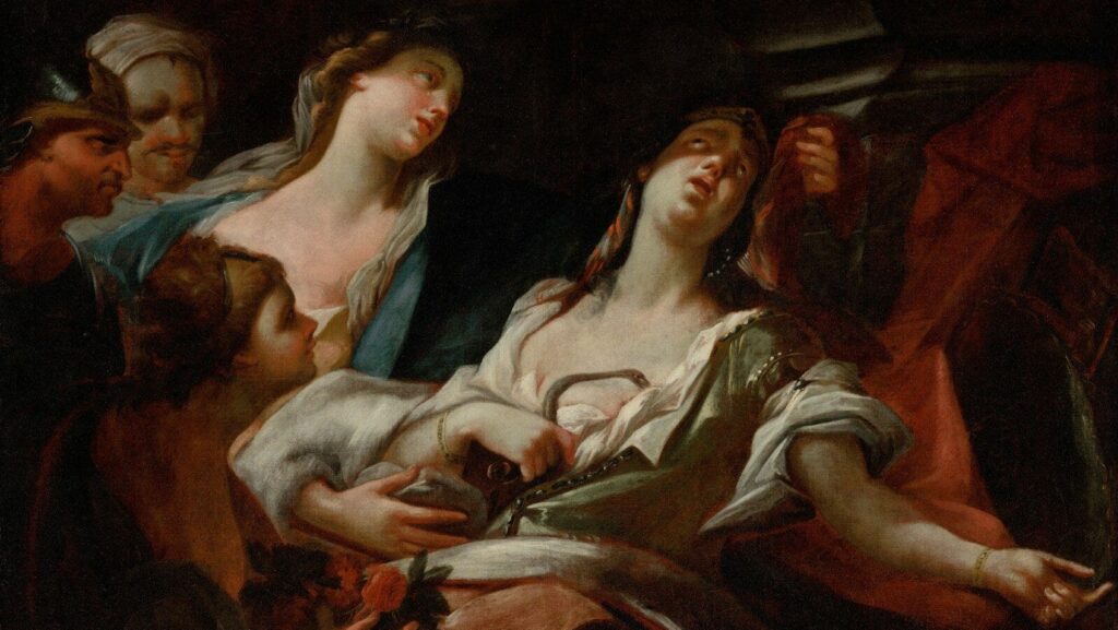 A painting of women mourning a fallen figure.