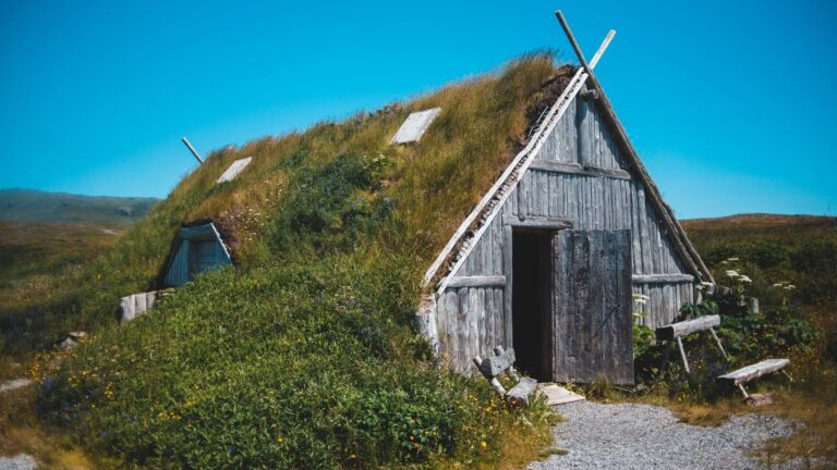Exterior of shabby old turf roofed shed located on grassy terrain near hill against cloudless blue sky in Norstead Viking Village